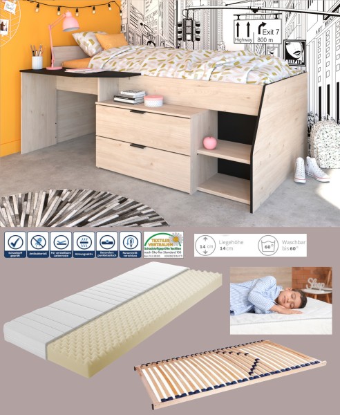 Hochbett "Milky 2" von Parisot Jugendzimmer Möbel in Schwarz und Jackson Eiche mit LATTENROST und MATRATZE - Jugendzimmer Kinderzimmer Möbel Teenagerzimmer