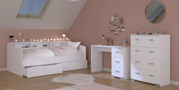 Jugendzimmer Sleep 44 4teilig von Parisot in Weiß Jugendzimmer Möbel mit Stauraumbett, Bettschubkästen, Schreibtisch und Kommode - Jugendzimmer Kinderzimmer Möbel Teenagerzimmer