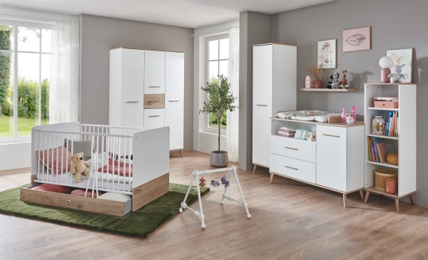 Babyzimmer Fehmarn 7 teilig in Weiß- Viking- Oak Komplett Set Kinderzimmer mit Kleiderschrank, Babybett inklusive Bettschubkasten und Umbauseiten, Wickelkommode, Regal und kleinem Schrank - Babyzimmermöbel, Sparset, Baby, Kinderzimmermöbel, Kinderzimmer