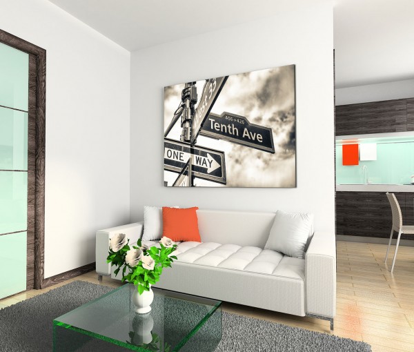 120x80cm Wandbild Straßenschild Manhattan schwarz weiß