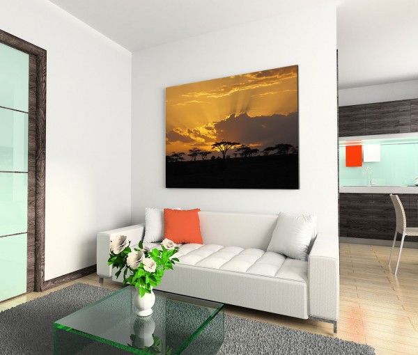 120x80cm Wandbild Afrika Akazien Bäume Sonnenuntergang