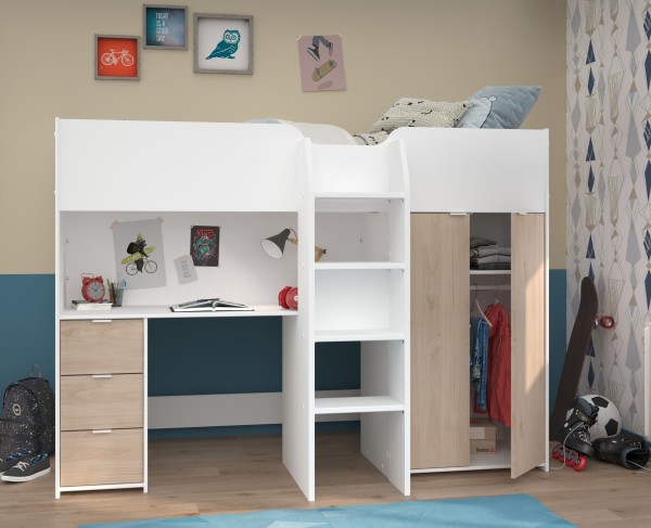 TOLLES Hochbett "Tom 1" von Parisot Jugendzimmer Möbel in Jackson Eiche und Weiss mit integriertem Schreibtisch und Kleiderschrank - Jugendzimmer Kinderzimmer Möbel Teenager Zimmer Jungs und Mädchen