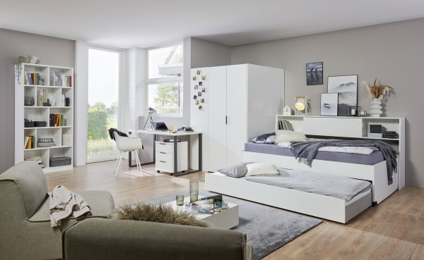 Jugendzimmer Norderney von Wimex 7 teiliges Komplett Set in Weiß mit begehbarem Kleiderschrank, 90er Jugendbett, Auszugsliege, Bettüberbau, Schreibtisch und Rollcontainer, Standregal - Jugendzimmer Kinderzimmer Möbel Teenagerzimmer