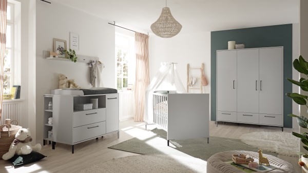 Babyzimmer Olaf 7 teilig in Kreidegrau matt Lack und Anthrazit mit Matratze von Mäusbacher - Babyzimmermöbel, Sparset, Baby, Kinderzimmermöbel, Kinderzimmer, Babymöbel