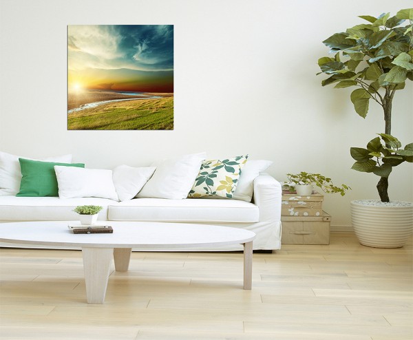 80x80cm Landschaft Fluss Wiese Sonnenuntergang