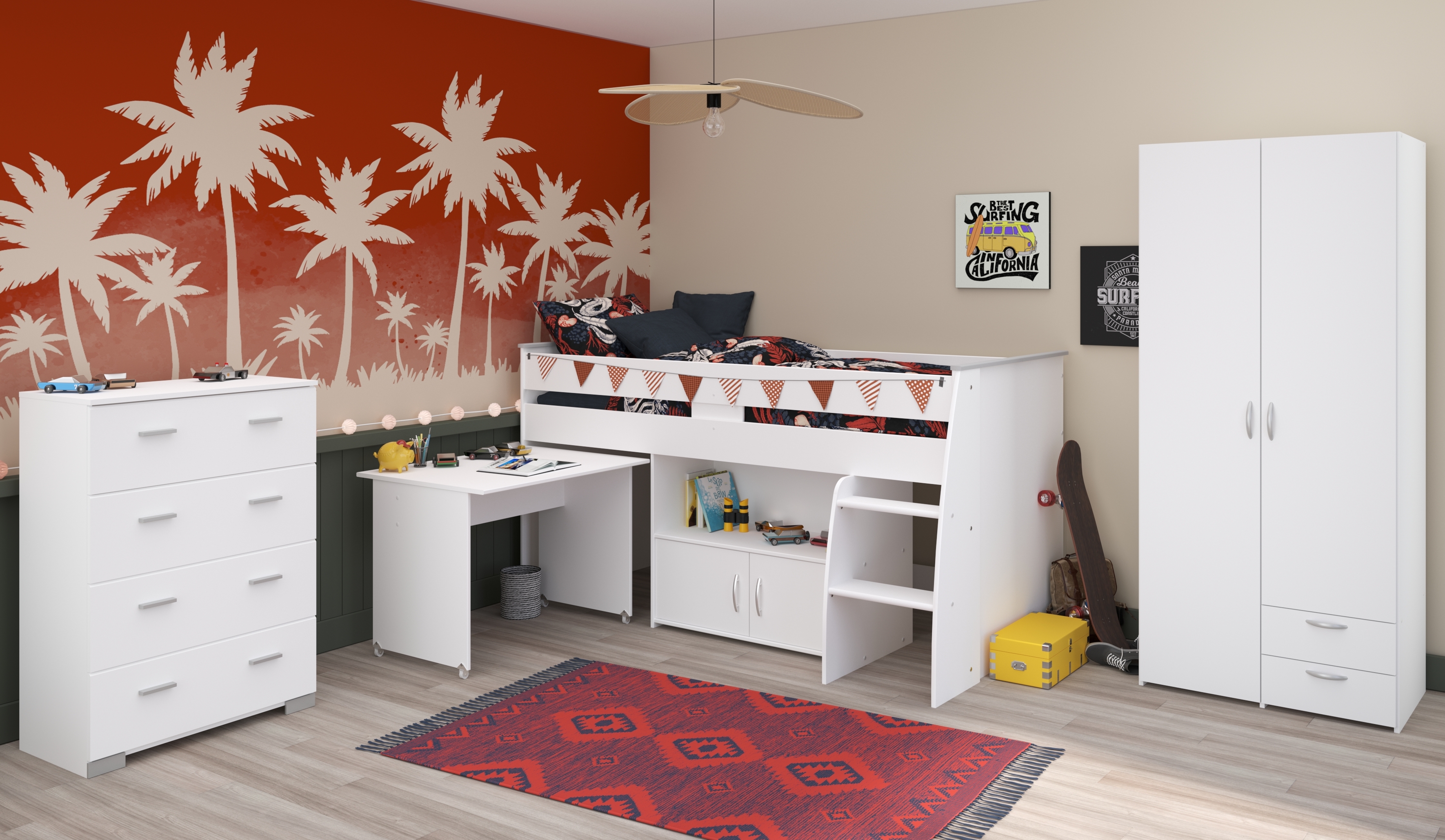 Jugendzimmer Reverse von Parisot 3 teilig mit Hochbett in Weiß