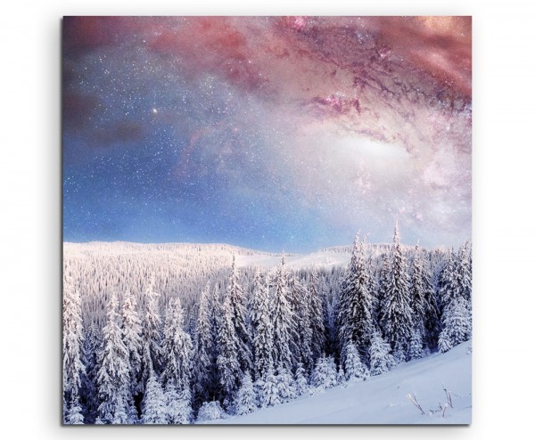 Landschaftsfotografie Sternenhimmel über verschneitem Wald auf Leinwand exklusives Wandbild moder