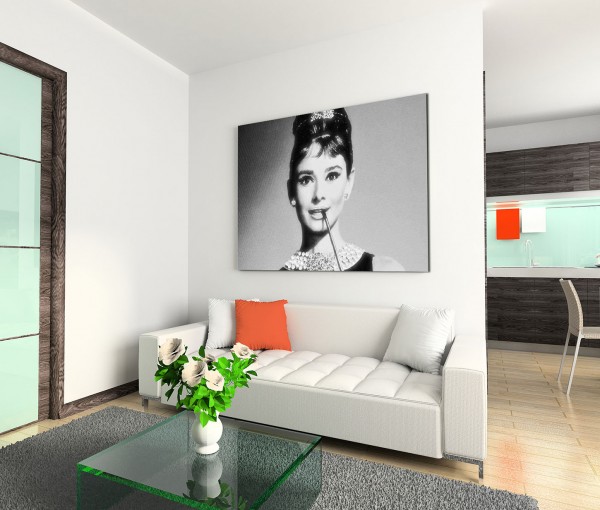 120x80cm Wandbild Audrey Hepburn Portrait Gesicht schwarz weiß