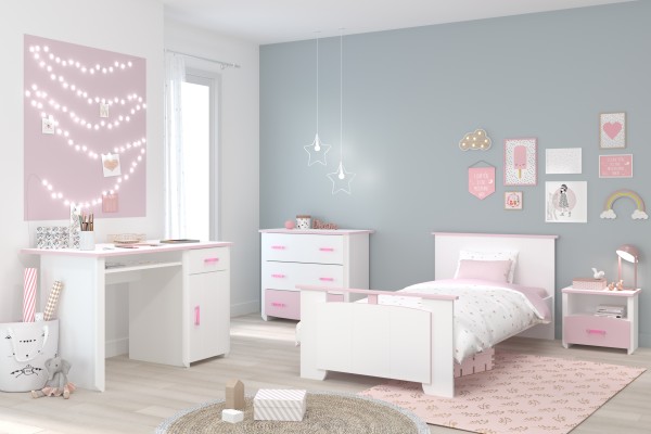 Jugendzimmer Biotiful 16 von Parisot 4 teilig Komplett Set in Weiß mit Rosa - Jugendzimmer Kinderzimmer Möbel Teenagerzimmer