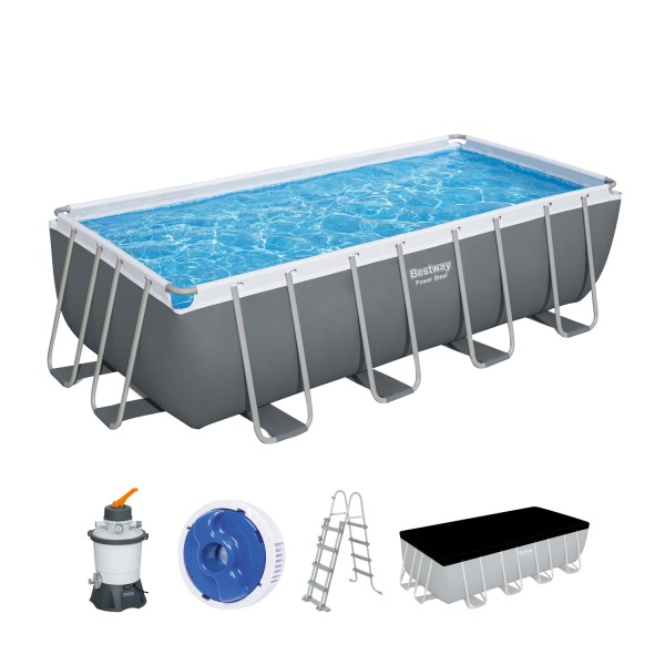 Bestway 56671 Power Steel™ Frame Pool 488 x 244 x 122 cm – Komplettset mit Sandfilteranlage, grau, eckig