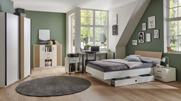 Jugendzimmer Rügen von Wimex 7 teiliges Komplett Set in Weiß und Artisan Eiche mit Schwebetürenschrank, 140er Jugendbett, Bettschubkasten, Nachttisch, Schreibtisch, Rollcontainer, Kommode - Jugendzimmer Kinderzimmer Möbel Teenagerzimmer