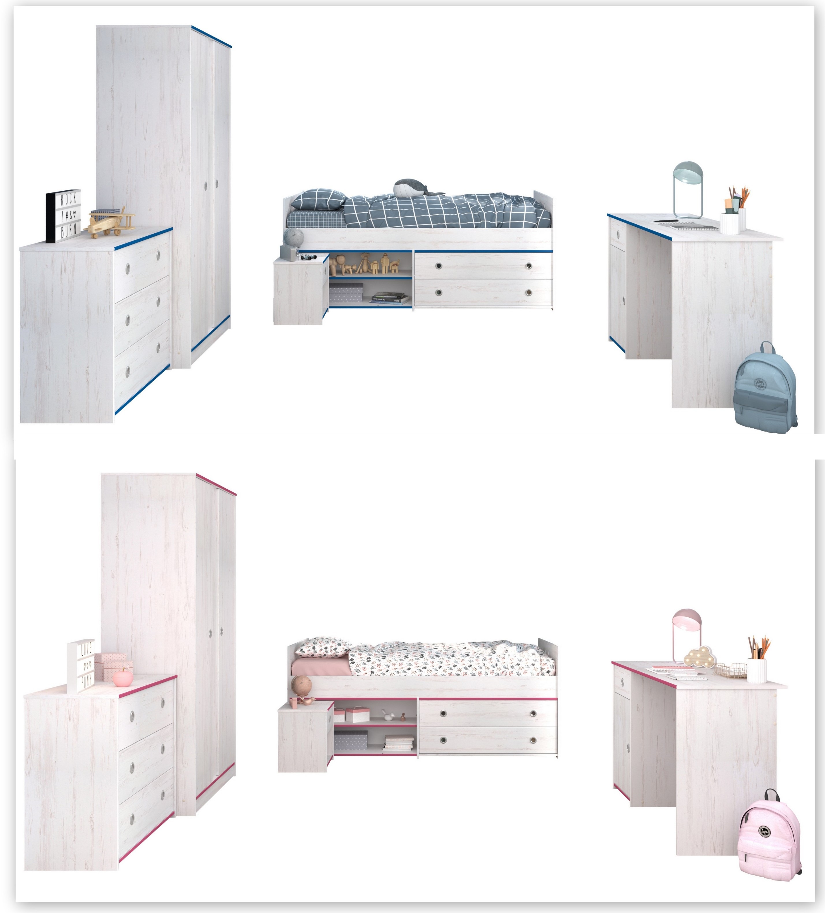 Jugendzimmer Smoozy von Parisot Komplett Set in Kiefer Weiß mit Rosa ODER Blau