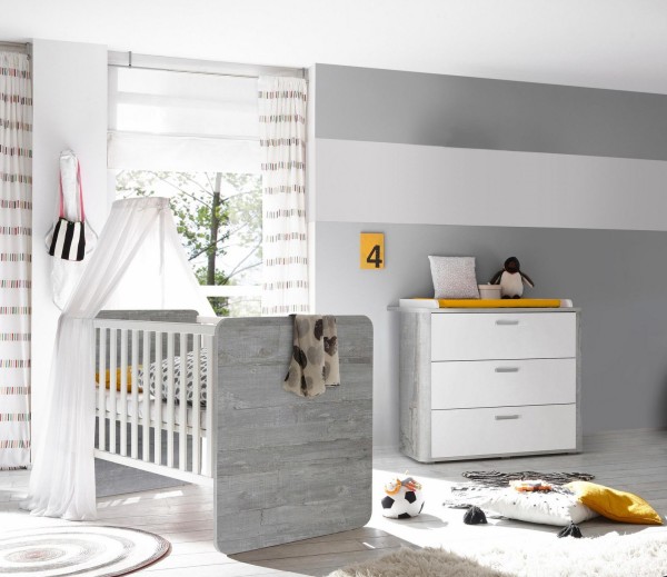 Babyzimmer Frieda 2 teilig in Vintage Wood Grey und Weiß matt mit Wickelkommode und Babybett - - Baby, Babyzimmermöbel, Kinderzimmer, Kinderzimmermöbel
