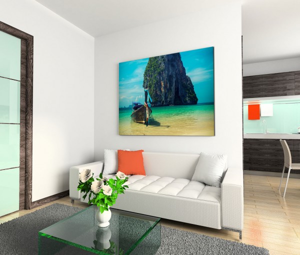 120x80cm Wandbild Thailand Felsen Meer Strand Fischerboot