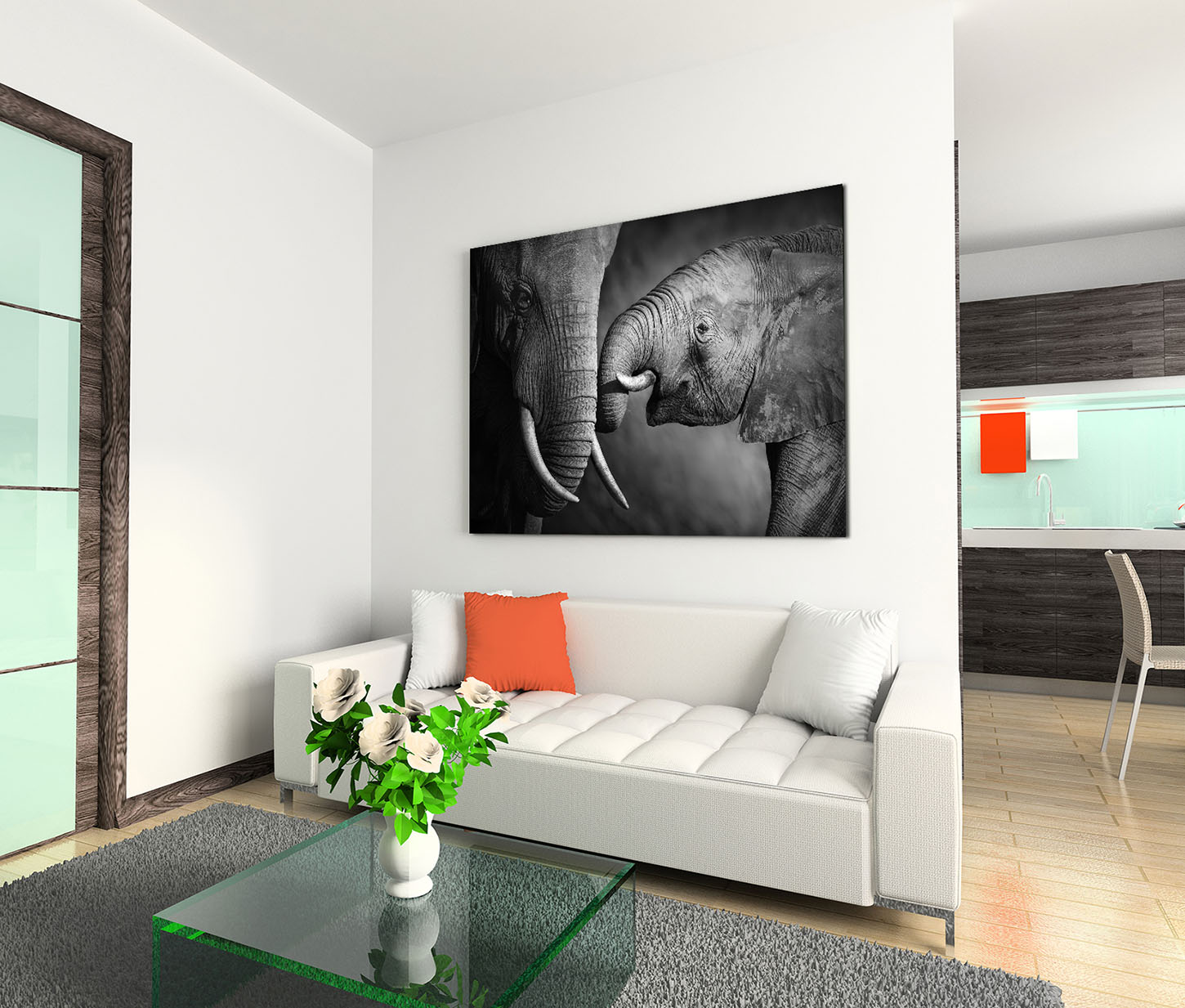 Leinwandbild 120x80cm auf Keilrahmen schwarz,weiß,grau,Elefant,baby,Rüssel 