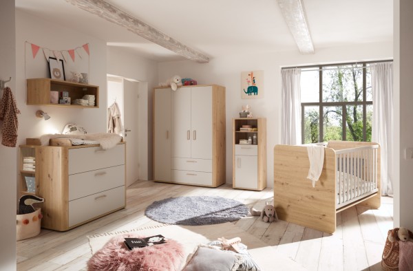 Babyzimmer Lilly 7 teilig in Asteiche und Kreidegrau matt Lack mit Kleiderschrank, Babybett mit Latt