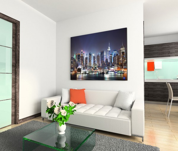 120x80cm Wandbild Manhattan Skyline Hudson Nacht Lichter