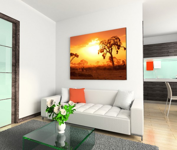 120x80cm Wandbild Kenia Akazien Wildtiere Sonnenuntergang