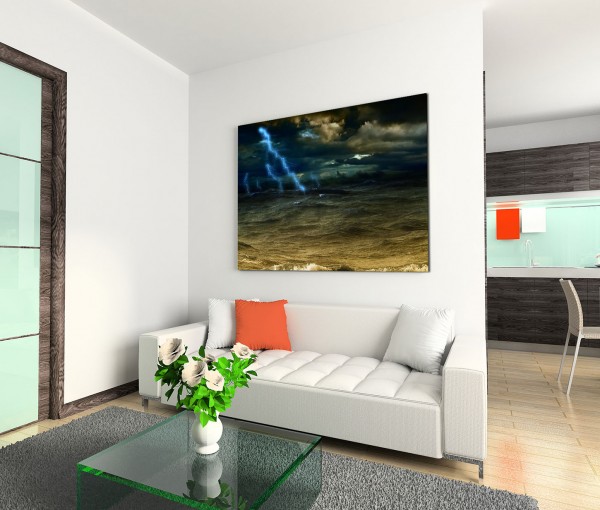 120x80cm Wandbild Ozean Meer Wellen Sturm Wolken Blitze