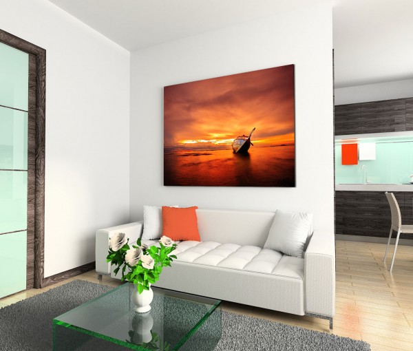 120x80cm Wandbild Meer Strand Sonnenuntergang Holzboot Wrack