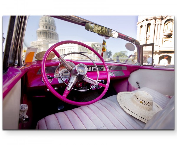 Oldtimer in Havana, pinkes Lenkrad - Leinwandbild