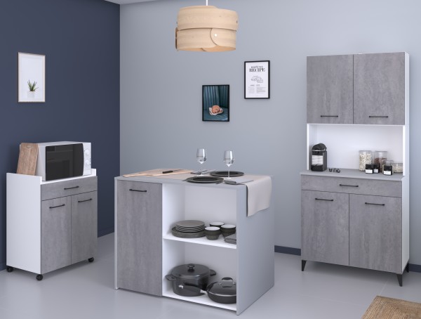 Buffet Set Küchenbuffet Küchenschrank Malice 5 von Parisot 3 teilig in Weiß und Beton Komplett