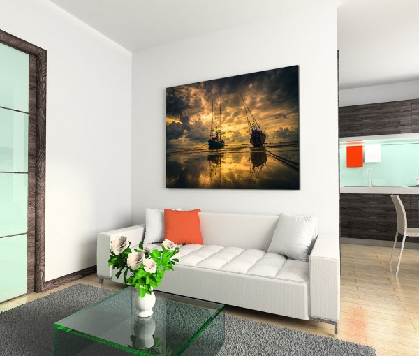 120x80cm Wandbild Thailand Meer Fischerboote Sonnenaufgang Wolken