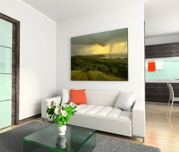 120x80cm Wandbild Wiesen Hügel Landschaft Wolken Regen