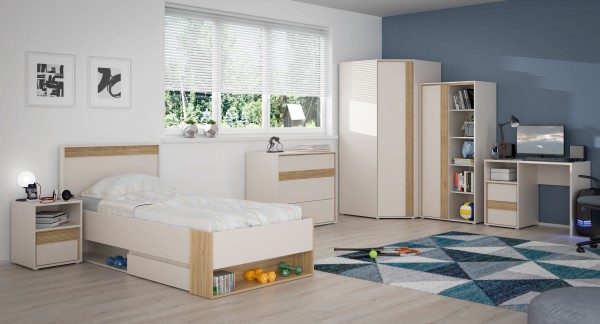 Jugendzimmer Wexlin in Mauvella Eiche und Sand 6 teiliges Kinderzimmer Komplett Set mit Lamellenoptik - Jugendzimmer Kinderzimmer Möbel Teenagerzimmer