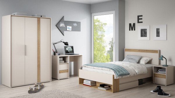 Jugendzimmer Wexlin in Mauvella Eiche und Sand 4 teiliges Kinderzimmer Komplett Set mit Lamellenoptik - Jugendzimmer Kinderzimmer Möbel Teenagerzimmer