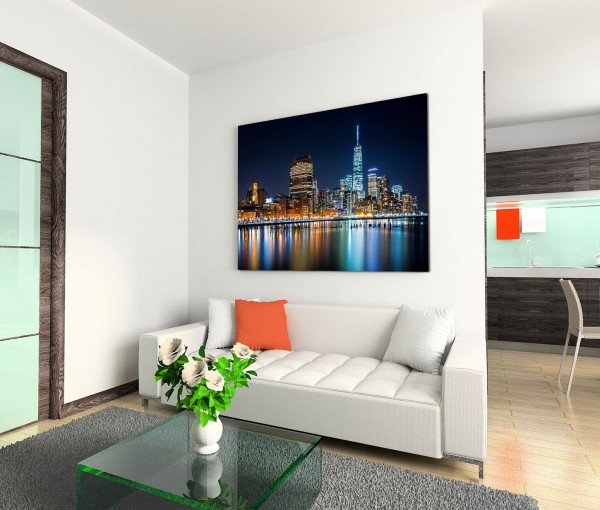 120x80cm Wandbild Manhattan Skyline Hudson River Nacht Lichter Spiegelung