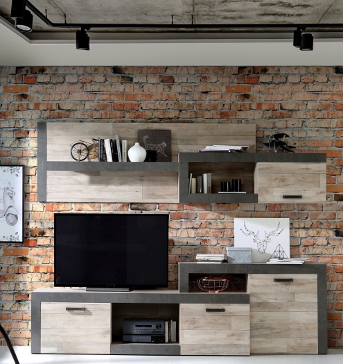Wohnwand Nagore in Eiche Vintage mit Betonoptik Dunkelgrau von Forte Möbel Komplett Set