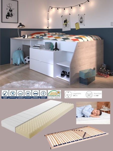 Hochbett "Milky 1" von Parisot Jugendzimmer Möbel in Weiß und Grey Loft mit LATTENROST und MATRATZE - Jugendzimmer Kinderzimmer Möbel Teenagerzimmer