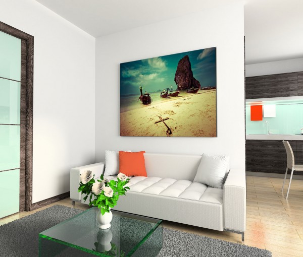 120x80cm Wandbild Thailand Strand Fels Boote Wolken