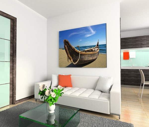 120x80cm Wandbild Strand Meer Holzboot