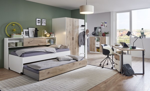 Jugendzimmer Norderney von Wimex 8 teiliges Komplett Set in Weiß- Viking Oak mit begehbarem Kleiderschrank, Garderobe, 90er Jugendbett, Auszugsliege, Bettüberbau, Schreibtisch und Rollcontainer, Kommode - Jugendzimmer Kinderzimmer Möbel Teenagerzimmer