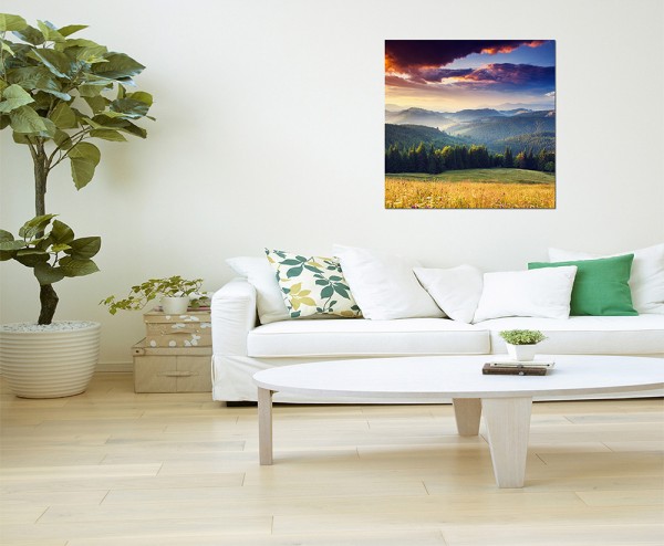 120x80cm Berge Wald Wiese Sonnenuntergang