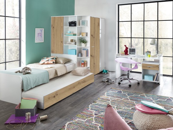 Jugendzimmer Joker 5 teilig in Weiß und Artisan Eiche Kinderzimmer Komplett Set - Jugendzimmer Kinderzimmer Möbel Teenagerzimmer