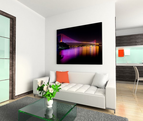 120x80cm Wandbild Istanbul Bosporus Brücke Nacht Lichter Reflexion