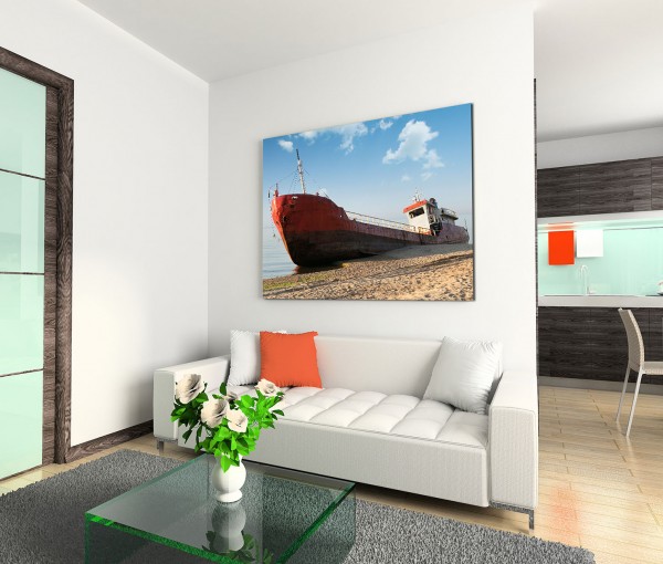 120x80cm Wandbild Meer Sandstrand Fischerboot gestrandet