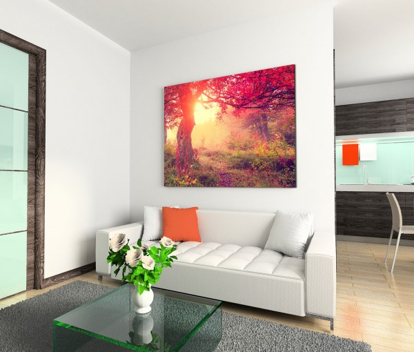 120x80cm Wandbild Wald Bäume Wiese Herbst Sonnenlicht