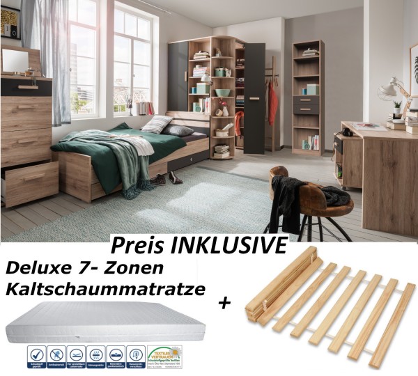 Jugendzimmer Cariba von Wimex 10 teilig in Eiche San Remo und Graphit Komplett Set mit begehbarem Eckschrank, Bett mit Bettschubkästen, Schreibtisch mit Rollcontainer, Kommode, Regal und Garberobe, INKLUSIVE Deluxe Matratze und Lattenrost - Kinderzimmer 