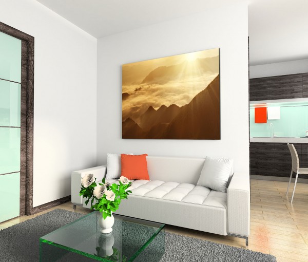 120x80cm Wandbild Berge Nebel Sonnenaufgang