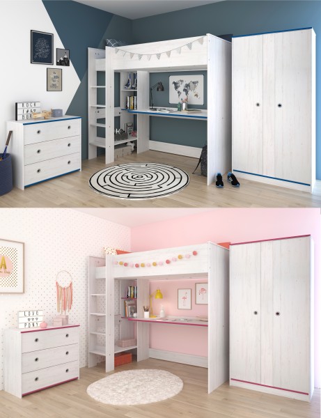 Jugendzimmer Smoozy 28 von Parisot 3 teilig Komplett Set in Kiefer Weiß mit Rosa ODER Blau - Jugendzimmer Kinderzimmer Möbel Teenagerzimm