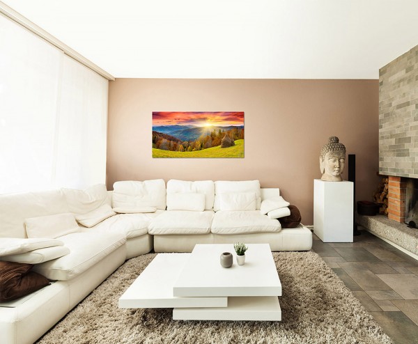 120x60cm Berge Wald Wiese Sonne Herbst