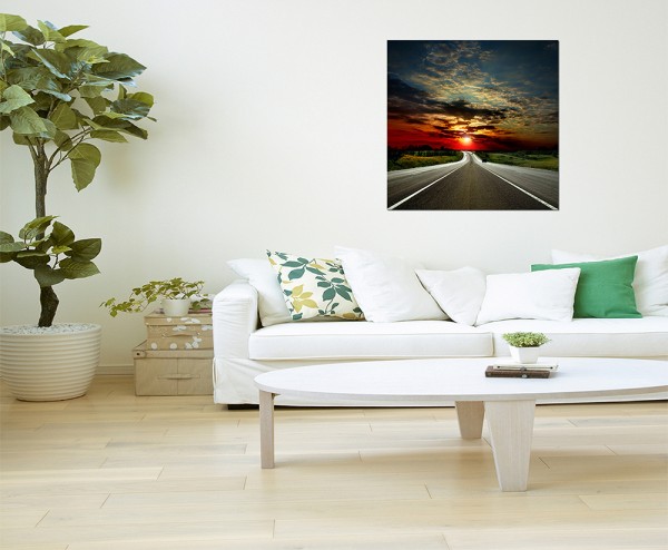 80x80cm Straße Asphalt Landschaft Abendrot