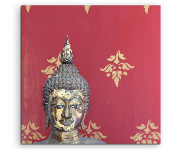 Künstlerische Fotografie – Buddha Kopf mit rotem Hintergrund auf Leinwand