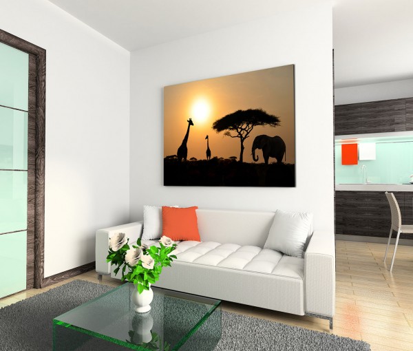 120x80cm Wandbild Afrika Serengeti Safari Giraffen Elefanten Akazie Baum