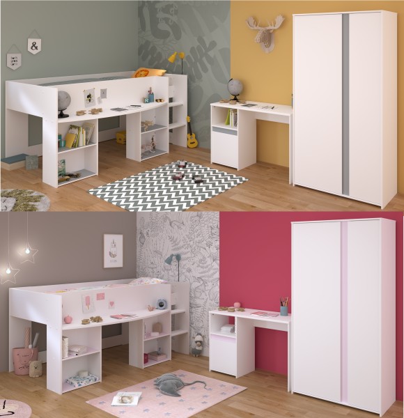 Jugendzimmer Pirouette 13 3teilig von Parisot in Weiß und Rosa / Kieselgrau mit Kleiderschrank, Hochbett und Schreibtisch - Jugendzimmer Kinderzimmer Möbel Teenagerzimmer