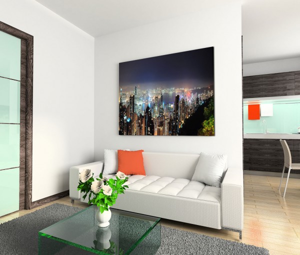 120x80cm Wandbild Hongkong Victoria Harbor Skyline Nacht Lichter